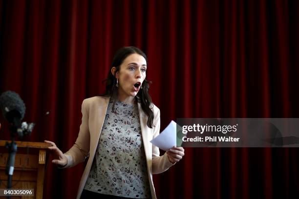 Opposition Leader Jacinda Ardern announces the Labour Party's tertiary education policy at Western Springs College on August 29, 2017 in Auckland,...