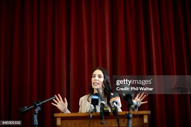 Opposition Leader Jacinda Ardern announces the Labour Party's tertiary education policy at Western Springs College on August 29, 2017 in Auckland,...