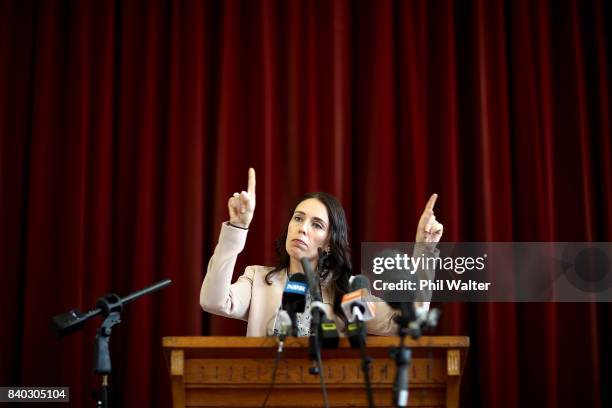 Opposition Leader Jacinda Ardern announces the Labour Party's tertiary education policy at Western Springs College on August 29, 2017 in Auckland,...