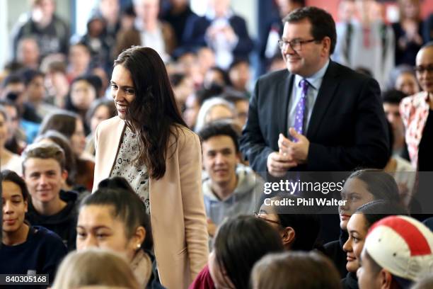 Opposition Leader Jacinda Ardern visits Western Springs College to announce the Labour Party's tertiary education policy on August 29, 2017 in...