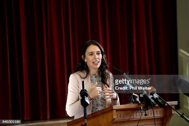 Opposition Leader Jacinda Ardern announces the Labour Party's tertiary education policy at Western Springs College on August 29, 2017 in Auckland,...
