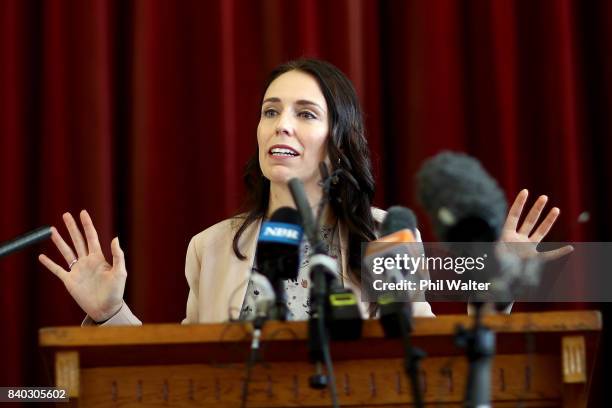 Opposition Leader Jacinda Ardern announces the Labour Party's tertiary education policy at Western Springs College on August 29, 2017 in Auckland,...