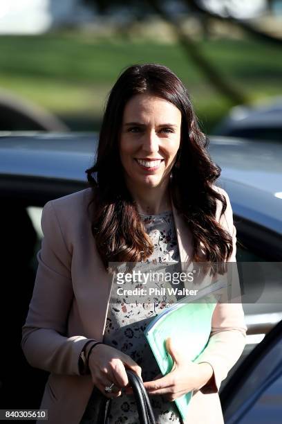Opposition Leader Jacinda Ardern arrives at Western Springs College to announce the Labour Party's tertiary education policy on August 29, 2017 in...