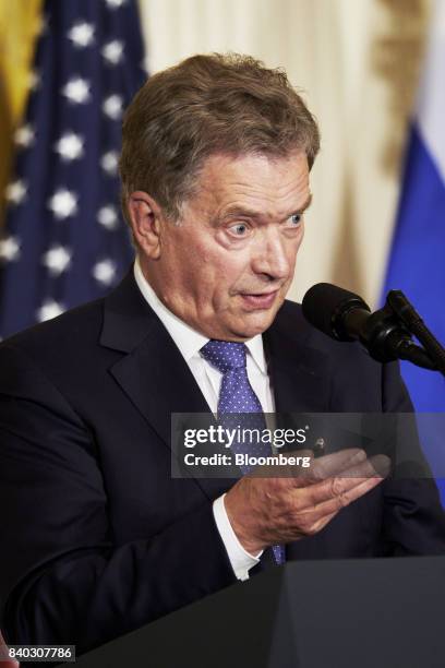 Sauli Niinisto, Finland's president, speaks during a joint press conference with U.S. President Donald Trump, not pictured, at the White House in...