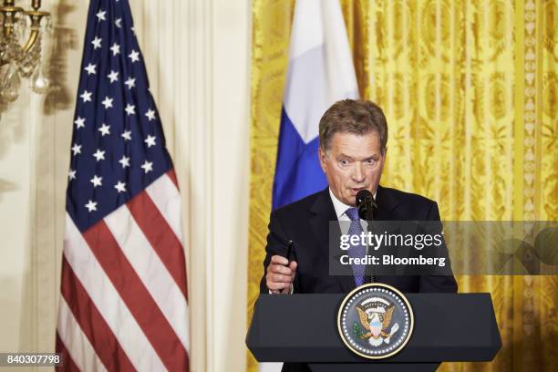 Sauli Niinisto, Finland's president, speaks during a joint press conference with U.S. President Donald Trump, not pictured, at the White House in...