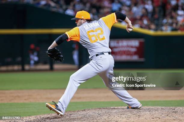 San Francisco Giants relief pitcher Cory Gearrin throws a pitch during the MLB baseball game between the San Francisco Giants and the Arizona...