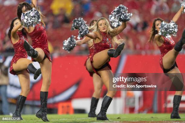 Cheerleaders perform during an NFL preseason football game between the Cleveland Browns and the Tampa Bay Buccaneers on August 26 at Raymond James...