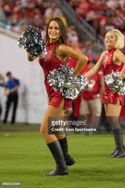 Bucs cheerleader performs during an NFL preseason football game between the Cleveland Browns and the Tampa Bay Buccaneers on August 26 at Raymond...