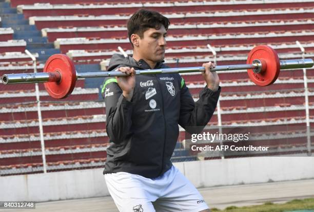 Ronald Raldes takes part in a training session at the Hernando Siles stadium in La Paz on August 28 ahead of Bolivia's upcoming 2018 FIFA World Cup...