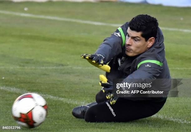 Carlos Emilio Lampe, goalkeeper of Bolivia's national team, takes part in a training session at the Hernando Siles stadium in La Paz on August 28...