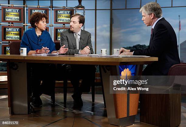 Chicago Sun-Times editorial board member and columnist Mary Mitchell speaks as NBC Political Director Chuck Todd and moderator David Gregory listen...