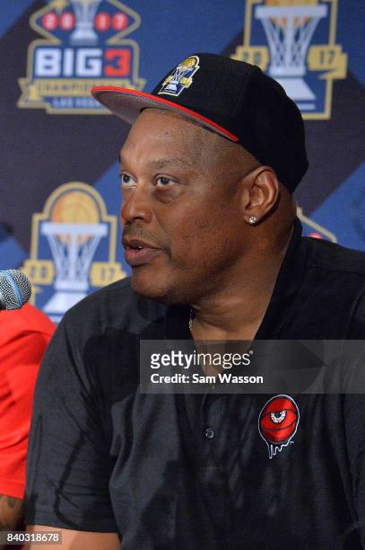 Coach Rick Mahorn of Trilogy speaks to the media after winning the BIG3 three on three basketball league championship game against 3 Headed Monsters...