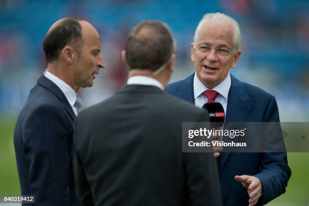 Sky TV presenter David Gower presents the show from the pitch with Nasser Hussain and David Lloyd before the second day of the second test between...