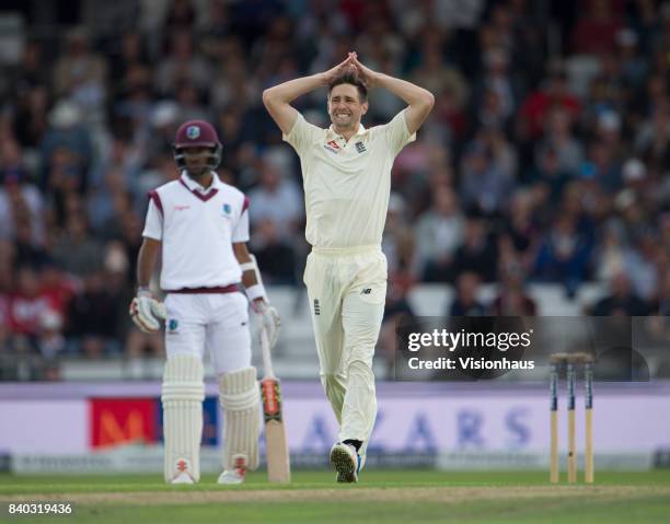 Chris Woakes of England shows his frustration during the second day of the second test between England and West Indies at Headingley on August 26,...