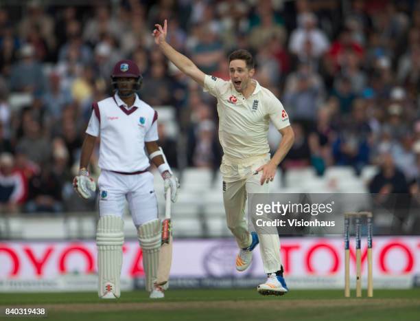 Chris Woakes of England appeals for a caught behind during the second day of the second test between England and West Indies at Headingley on August...
