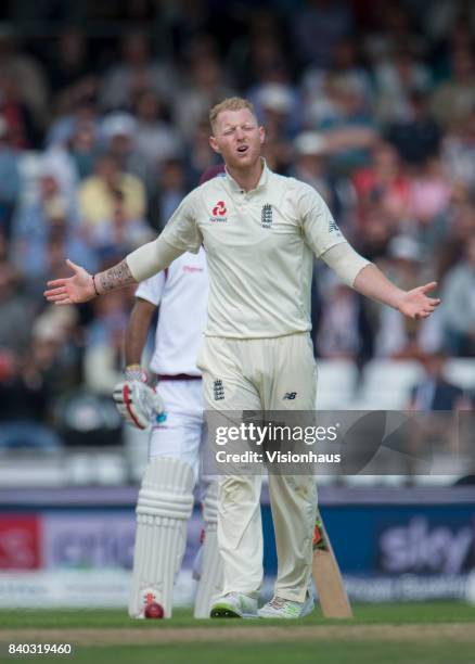 Ben Stokes of England shows his frustration during the second day of the second test between England and West Indies at Headingley on August 26, 2017...