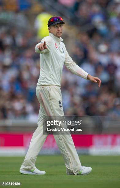 England captain Joe Root directs the field during the second day of the second test between England and West Indies at Headingley on August 26, 2017...