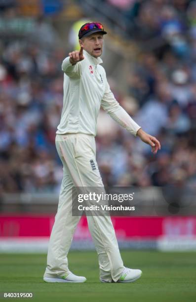 England captain Joe Root directs the field during the second day of the second test between England and West Indies at Headingley on August 26, 2017...