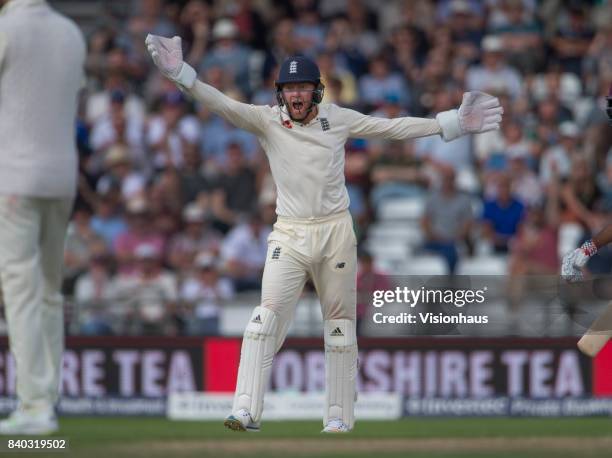 Jonathan Bairstow of England appeals for an LBW decision during the second day of the second test between England and West Indies at Headingley on...