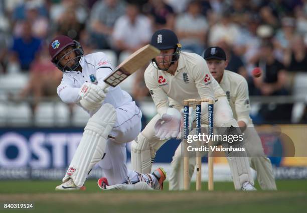 Shai Hope of the West Indies batting during the second day of the second test between England and West Indies at Headingley on August 26, 2017 in...