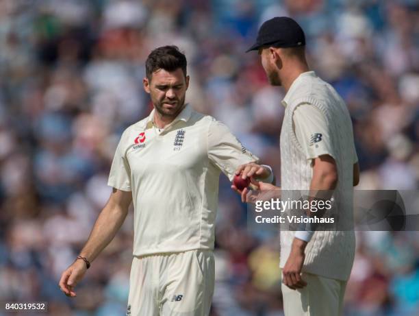 Jimmy Anderson and Stuart Broad of England during the second day of the second test between England and West Indies at Headingley on August 26, 2017...