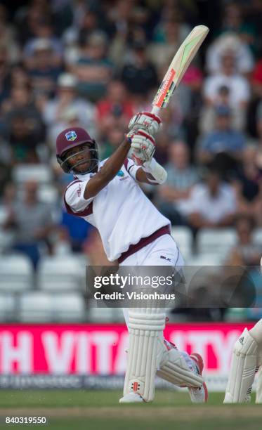 Kraigg Brathwaite of the West Indies batting during the second day of the second test between England and West Indies at Headingley on August 26,...