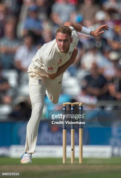 Stuart Broad of England bowling during the second day of the second test between England and West Indies at Headingley on August 26, 2017 in Leeds,...