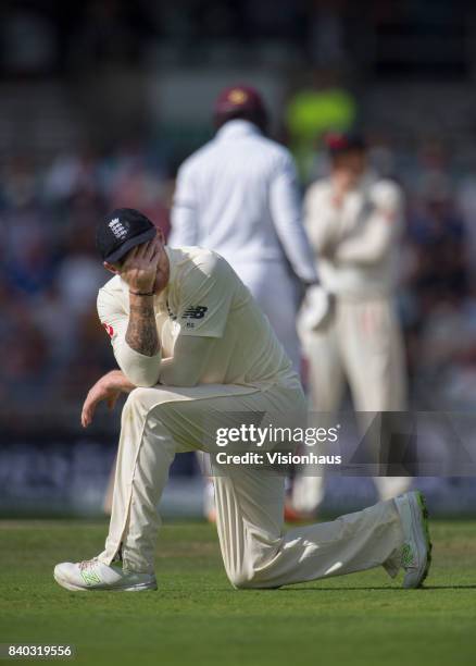 Ben Stokes of England shows his frustration during the second day of the second test between England and West Indies at Headingley on August 26, 2017...