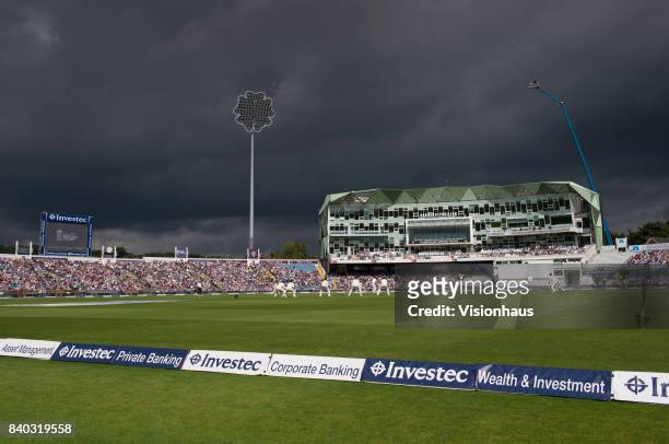 General view of Headingley and the Carnegie Pavilion during the second day of the second test between England and West Indies at Headingley on August...