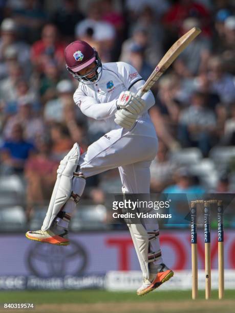 Shai Hope of the West Indies batting during the second day of the second test between England and West Indies at Headingley on August 26, 2017 in...