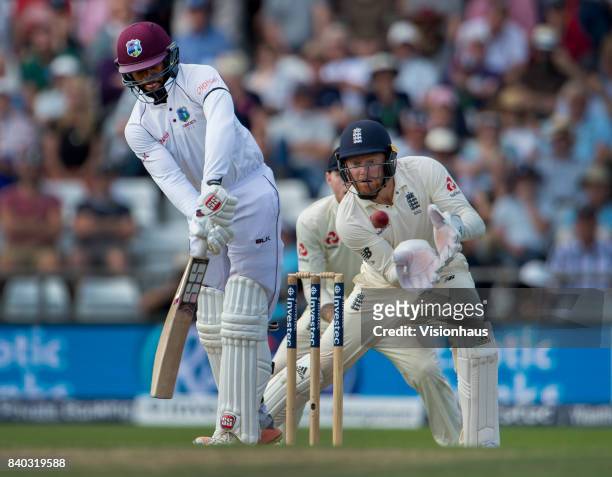 Jonathan Bairstow, the England wicketkeeper, collects the ball whilst Shai Hope of West Indies is batting during the second day of the second test...