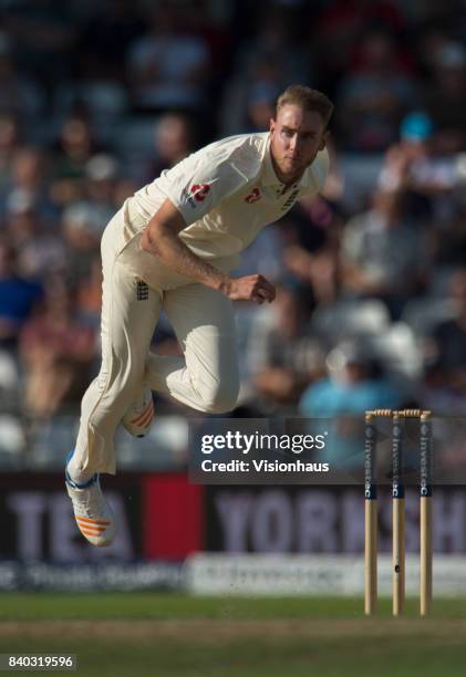 Stuart Broad of England bowling during the second day of the second test between England and West Indies at Headingley on August 26, 2017 in Leeds,...