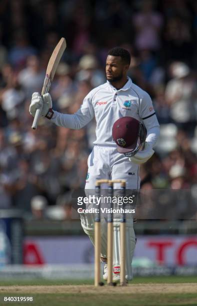 Shai Hope of West Indies acknowledges the crowd after scoring a century during the second day of the second test between England and West Indies at...