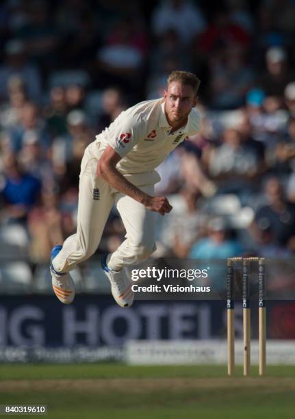 Stuart Broad of England bowling during the second day of the second test between England and West Indies at Headingley on August 26, 2017 in Leeds,...