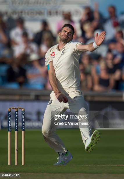 Jimmy Anderson of England bowling during the second day of the second test between England and West Indies at Headingley on August 26, 2017 in Leeds,...