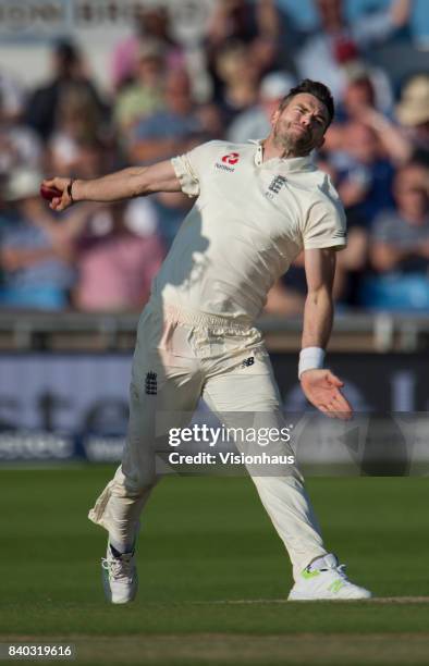 Jimmy Anderson of England bowling during the second day of the second test between England and West Indies at Headingley on August 26, 2017 in Leeds,...