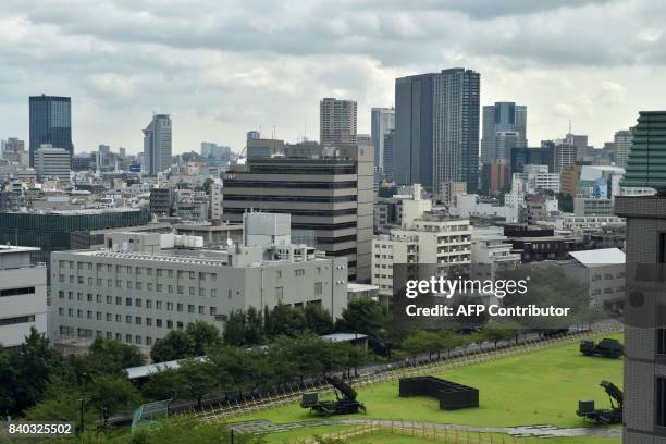 Surface-to-air missile launch systems are seen in position at Japan's Defence Ministry in Tokyo on August 29, 2017. Japan's Prime Minister Shinzo Abe...