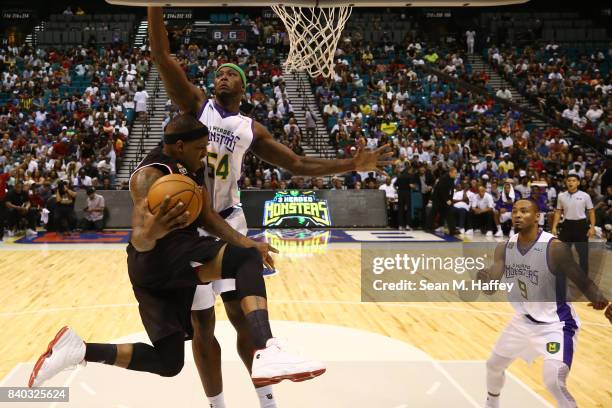 Al Harrington of Trilogy and Kwame Brown of 3 Headed Monsters during the BIG3 three on three basketball league championship game on August 26, 2017...