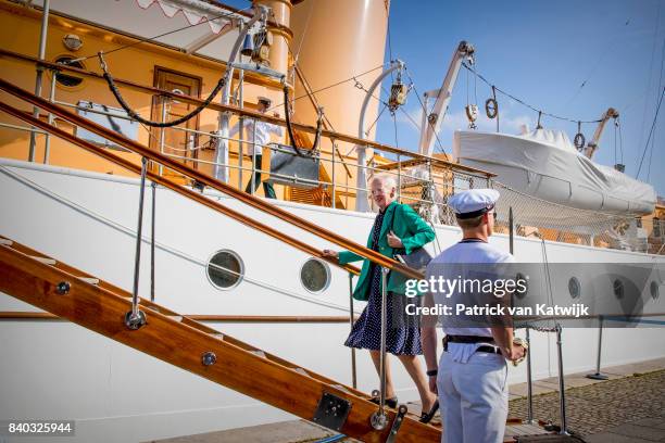 Queen Margrethe of Denmark attends the 18th birthday celebration of Prince Nikolai at royal ship Dannebrog on August 28, 2017 in Copenhagen, Denmark.