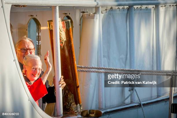 Queen Margrethe of Denmark and Prince Henrik of Denmark attendsthe 18th birthday celebration of Prince Nikolai at royal ship Dannebrog on August 28,...