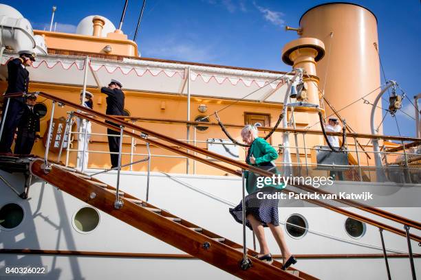 Queen Margrethe of Denmark attends the 18th birthday celebration of Prince Nikolai at royal ship Dannebrog on August 28, 2017 in Copenhagen, Denmark.