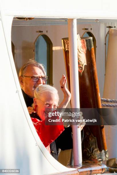 Queen Margrethe of Denmark and Prince Henrik of Denmark attendsthe 18th birthday celebration of Prince Nikolai at royal ship Dannebrog on August 28,...