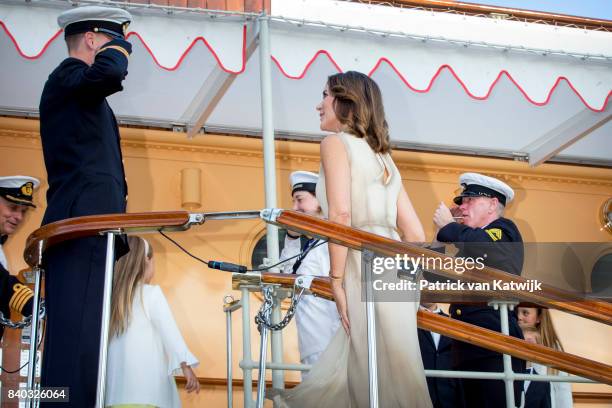 Crown Princess Mary of Denmark attends the 18th birthday celebration of Prince Nikolai at royal ship Dannebrog on August 28, 2017 in Copenhagen,...