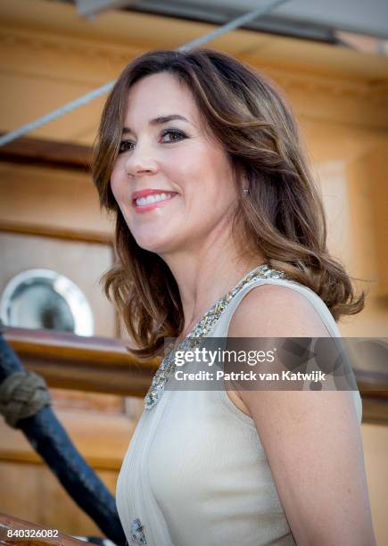 Crown Princess Mary of Denmark attends the 18th birthday celebration of Prince Nikolai at royal ship Dannebrog on August 28, 2017 in Copenhagen,...