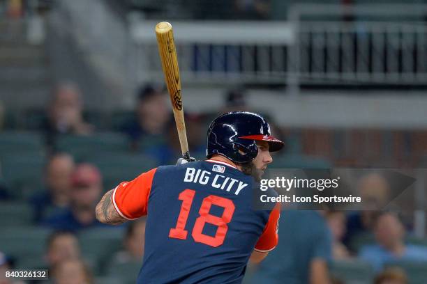 Atlanta outfielder Matt Adams with his "Big City" nickname jersey during a game between the Colorado Rockies and the Atlanta Braves on August 25,...