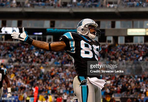 Steve Smith of the Carolina Panthers celebrates after scoring a touchdown against the Denver Broncos at Bank of America Stadium on December 14, 2008...