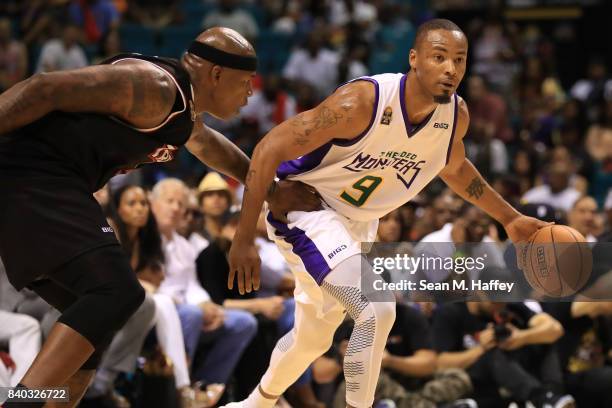Al Harrington of Trilogy and Rashard Lewis of 3 Headed Monsters during the BIG3 three on three basketball league championship game on August 26, 2017...