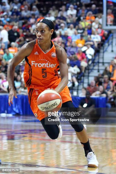Connecticut Sun guard Jasmine Thomas drives to the basket during the second half of an WNBA game between Chicago Sky and Connecticut Sun on August 25...