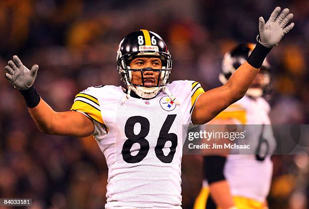 Hines Ward of the Pittsburgh Steelers celebrates after video review confirmed the winning touchdown against the Baltimore Ravens on December 14, 2008...