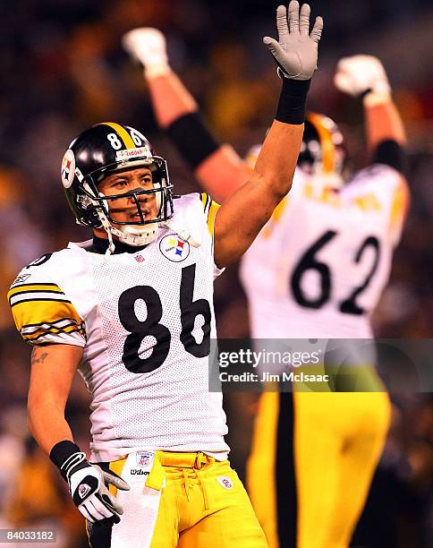 Hines Ward of the Pittsburgh Steelers celebrates after video review confirmed the winning touchdown against the Baltimore Ravens on December 14, 2008...